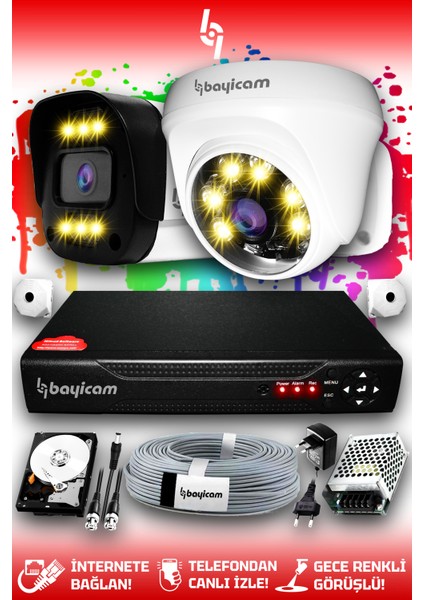 2 Kameralı Ultra 1 İç Kamera Set 2 TB 5 MP 2K Net Renkli Gece Görüşlü Güvenlik Kamerası Sistemi