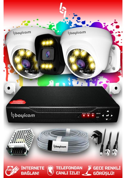 3 Kameralı Ultra 2 İç Kamera Set HDD'siz 5 MP 2K Net Renkli Gece Görüşlü Güvenlik Kamerası Sistemi