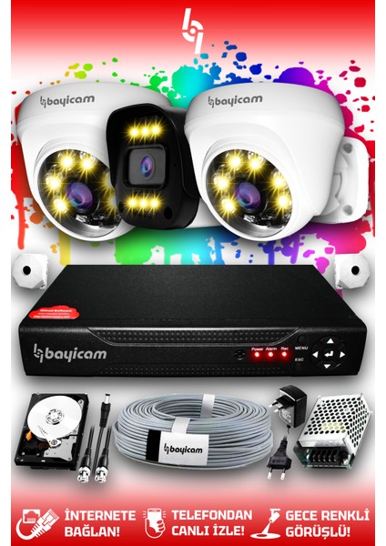 3 Kameralı Ultra 2 İç Kamera Set 2 TB 5 MP 2K Net Renkli Gece Görüşlü Güvenlik Kamerası Sistemi
