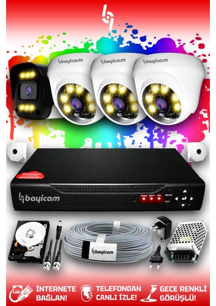 4 Kameralı Ultra 3 İç Kamera Set 320 GB 5 MP 2K Net Renkli Gece Görüşlü Güvenlik Kamerası Sistemi