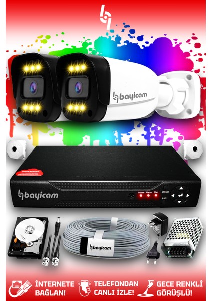 2 Kameralı Ultra 2 Dış Kamera Set 1 TB 5 MP 2K Net Renkli Gece Görüşlü Güvenlik Kamerası Sistemi