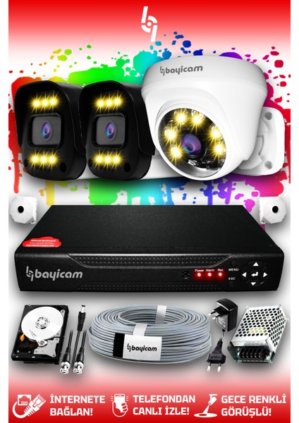3 Kameralı Ultra 1 İç Kamera Set 250 GB 5 MP 2K Net Renkli Gece Görüşlü Güvenlik Kamerası Sistemi