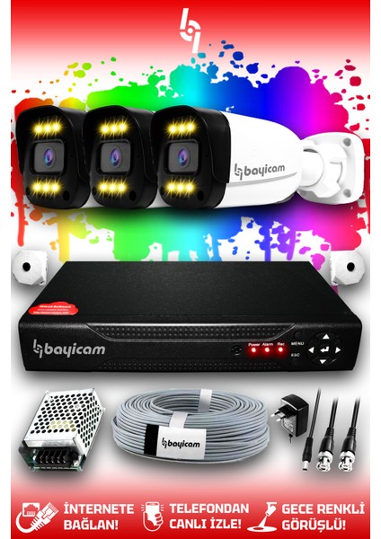 3 Kameralı Ultra 3 Dış Kamera Set HDD'siz 5 MP 2K Net Renkli Gece Görüşlü Güvenlik Kamerası Sistemi
