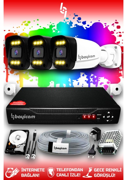 3 Kameralı Ultra 3 Dış Kamera Set 320 GB 5 MP 2K Net Renkli Gece Görüşlü Güvenlik Kamerası Sistemi