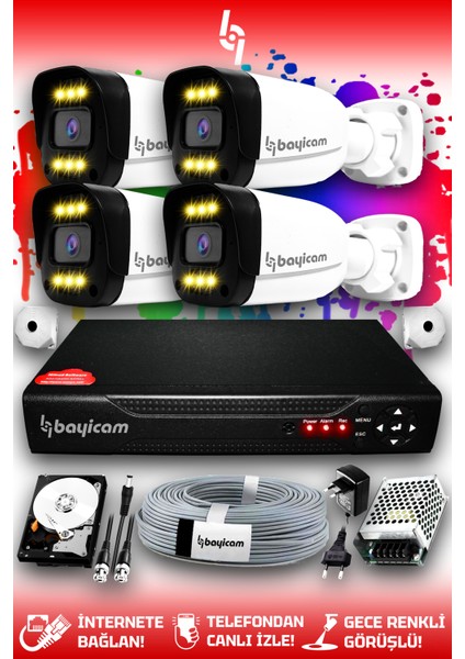 4 Kameralı Ultra 4 Dış Kamera Set 2 TB 5 MP 2K Net Renkli Gece Görüşlü Güvenlik Kamerası Sistemi