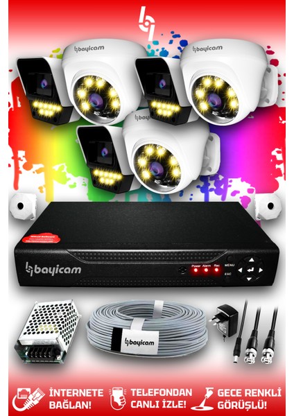 6 Kameralı Süper 3 İç Kamera Set HDD'siz 5 MP 2K Net Renkli Gece Görüşlü Güvenlik Kamerası Sistemi