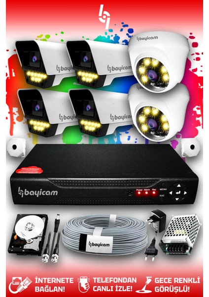 6 Kameralı Süper 2 İç Kamera Set 100 GB 5 MP 2K Net Renkli Gece Görüşlü Güvenlik Kamerası Sistemi
