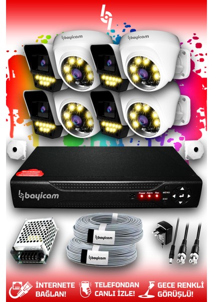 8 Kameralı Süper 4 İç Kamera Set HDD'siz 5 MP 2K Net Renkli Gece Görüşlü Güvenlik Kamerası Sistemi