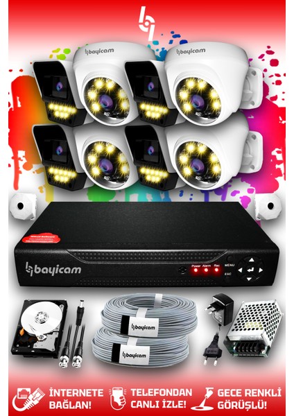 8 Kameralı Süper 4 İç Kamera Set 2 TB 5 MP 2K Net Renkli Gece Görüşlü Güvenlik Kamerası Sistemi