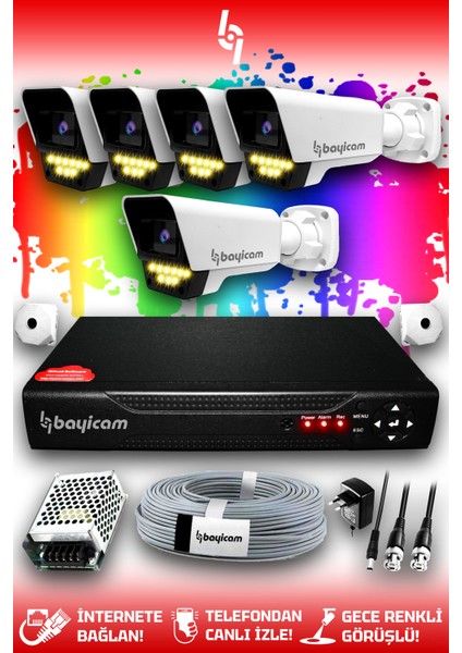 5 Kameralı Süper 5 Dış Kamera Set HDD'siz 5 MP 2K Net Renkli Gece Görüşlü Güvenlik Kamerası Sistemi