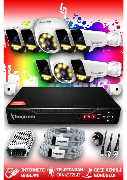 8 Kameralı Süper 2 İç Kamera Set HDD'siz 5 MP 2K Net Renkli Gece Görüşlü Güvenlik Kamerası Sistemi