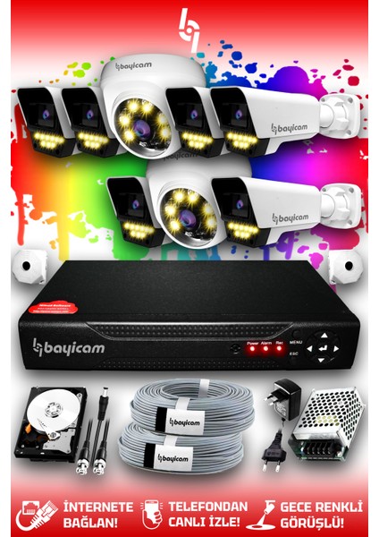 8 Kameralı Süper 2 İç Kamera Set 2 TB 5 MP 2K Net Renkli Gece Görüşlü Güvenlik Kamerası Sistemi