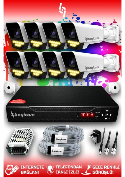 8 Kameralı Süper 8 Dış Kamera Set HDD'siz 5 MP 2K Net Renkli Gece Görüşlü Güvenlik Kamerası Sistemi