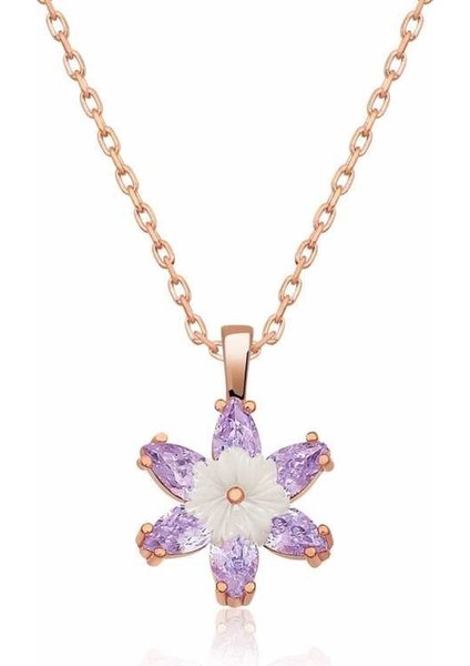 925 Ayar Gümüş Rose Lila Lotus Çiçeği Kadın Gümüş Kolye