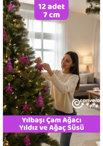 12'li Yılbaşı Çam Ağacı Süsleri Yıldız ve Ağaç Yılbaşı Süsü 7 cm