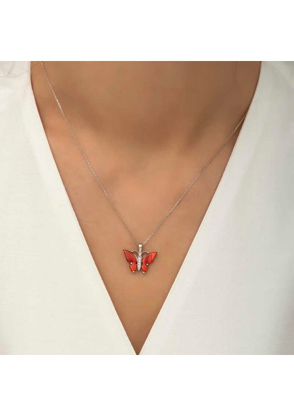 Gümüş Kırmızı Kaplangözü Taşlı Kelebek Kolye modelleri