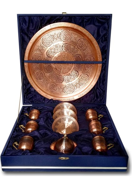 6 Kişilik Bakır Kahve Fincanı Üzüm Işlemeli Kadife Kutulu