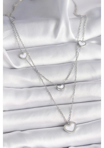 316L Çelik Gümüş Renk Zincir 2'li Zincir Kalp Model Kadın Kolye