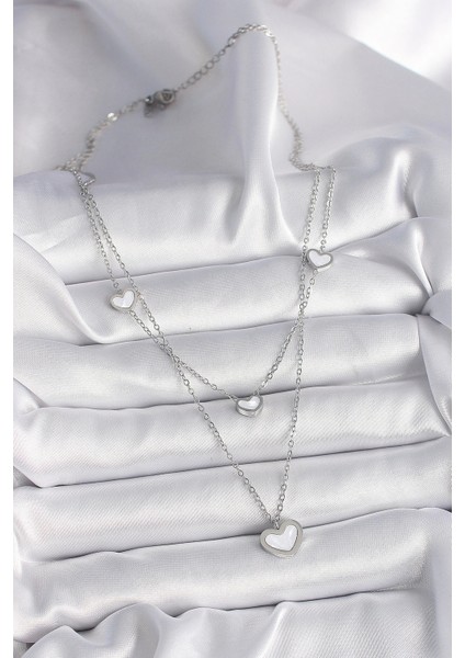 316L Çelik Gümüş Renk Zincir 2'li Zincir Kalp Model Kadın Kolye fiyatları