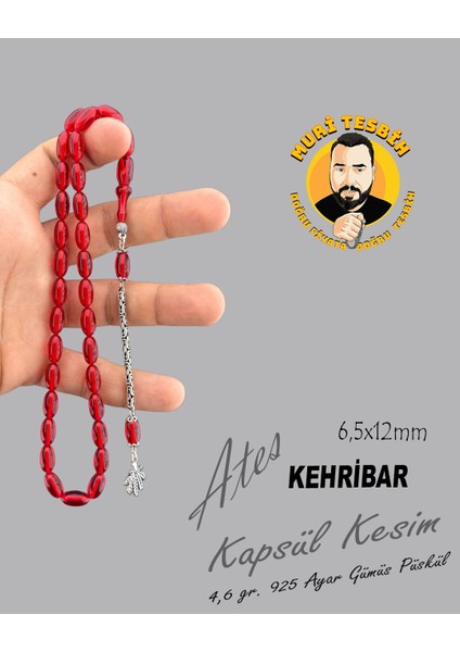 4,6 gr 925 Ayar Gümüş Püskül Ateş Kehribar Kapsül Kesim 6,50X12