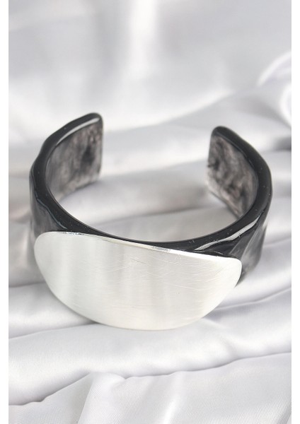 Siyah Mermer Desen Akrilik Plastik Gümüş Oval Plaka Model Vintage Kadın Bilezik fiyatları