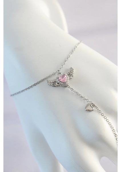 316L Çelik Gümüş Renk Pembe Zirkon Taşlı Kanatlı Kalp Model Şahmeran fiyatları