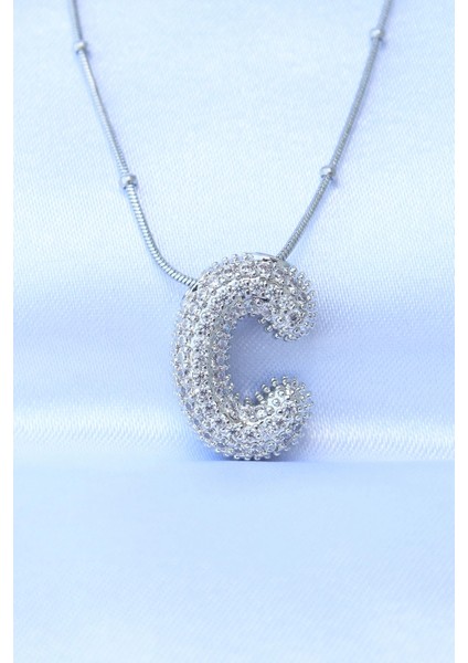 316L Çelik Zincirli Zirkon Taşlı C Harfli Gümüş Renk Bubble Kolye