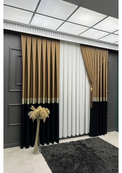 Pano Fon Perde, Elegans Seri Azra Desen Siyah Gold Kahverengi 1 / 3 Pileli ( Tek Kanat )