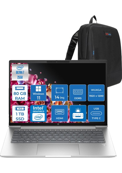 Probook 4 G1I Intel® Core Ultra 7 255U 80GB Ddr5 1tb SSD 14" Wuxga (1920 x 1200), IPS 300 Nits WIN11HOME Taşınabilir Bilgisayar C9FH1ETH23+ZETTAÇANTA