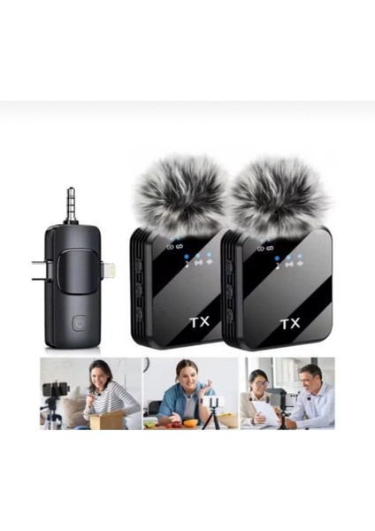 iPhone 12 Uyumlu Ikili Kablosuz Yaka Mikrofonu