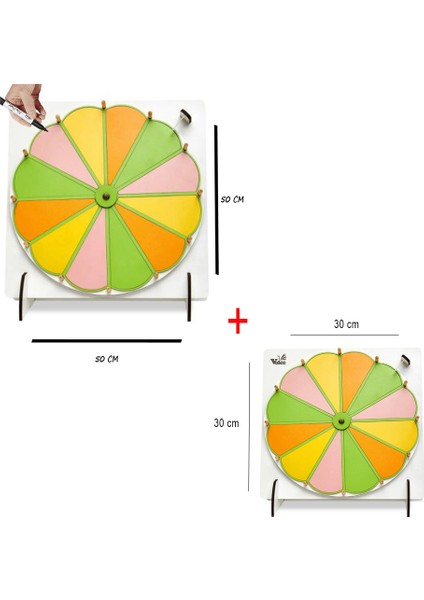 12 Bölmeli Çarkıfelek Oyunu 50 Cm+30 cm Çapında Karışık Renkli Yazılıp Silinebilen Eğitim Oyunu