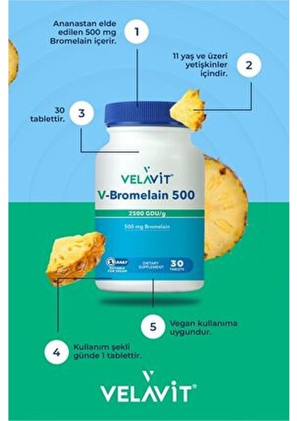 V-Bromelain 500 30 Tablet Aromasız Bromelain İçeren Takviye Edici Gıda modelleri