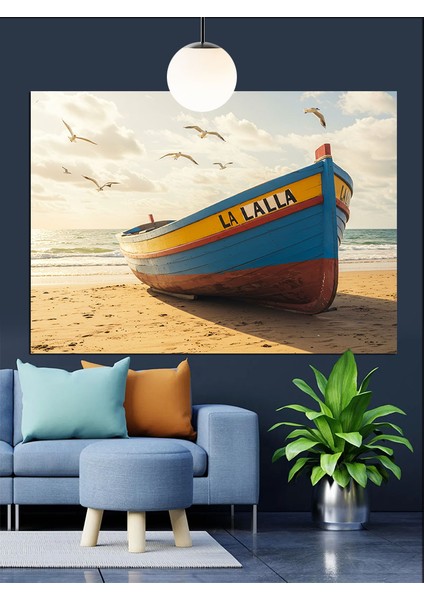 Sahilde Kumda Tekne Karaya Vurmuş Dekoratif Kanvas - Mdf Ahşap Tablo