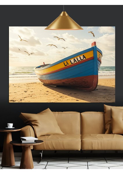 Sahilde Kumda Tekne Karaya Vurmuş Dekoratif Kanvas - Mdf Ahşap Tablo fiyatları