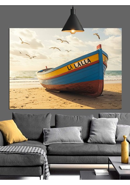 Sahilde Kumda Tekne Karaya Vurmuş Dekoratif Kanvas - Mdf Ahşap Tablo modelleri