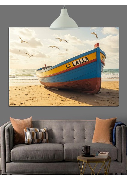 Sahilde Kumda Tekne Karaya Vurmuş Dekoratif Kanvas - Mdf Ahşap Tablo fırsatları