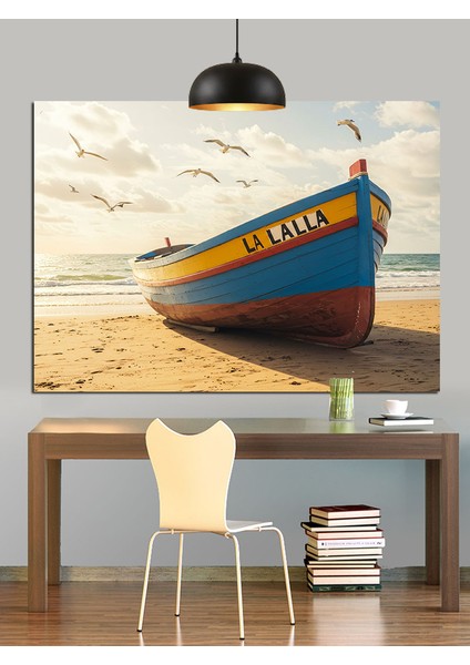 Sahilde Kumda Tekne Karaya Vurmuş Dekoratif Kanvas - Mdf Ahşap Tablo indirimleri