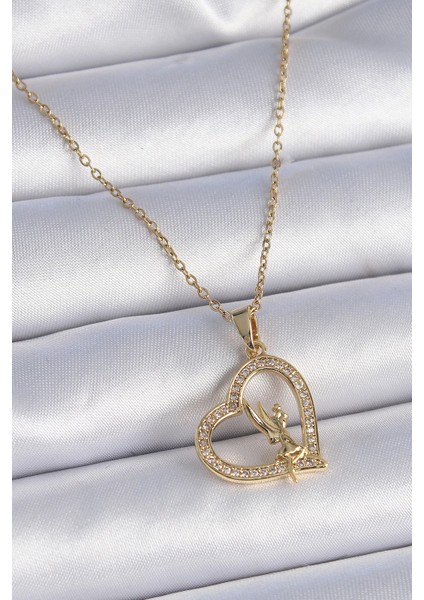 316L Çelik Zincir Gold Renk Zirkon Taşlı Kalp Model Melek Detay Kadın Kolye