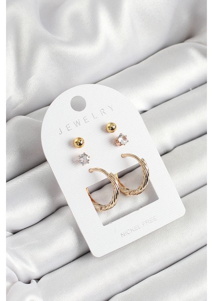 Pirinç Zirkon Taş ve Halka Figürlü Gold Renk 3'lü Çift Kadın Küpe Set