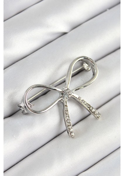 Zirkon Taş Detaylı Fiyonk Figürlü Gümüş Renk Kadın Broş