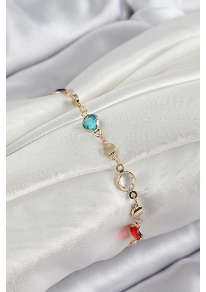 Pirinç Karışık Renk Zirkon Taşlı Gold Renk Kadın Bileklik