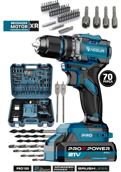 Pro 21V Çift Akü Çelik Mandren Kömürsüz Motor Darbeli Şarjlı Matkap Akülü Vidalama