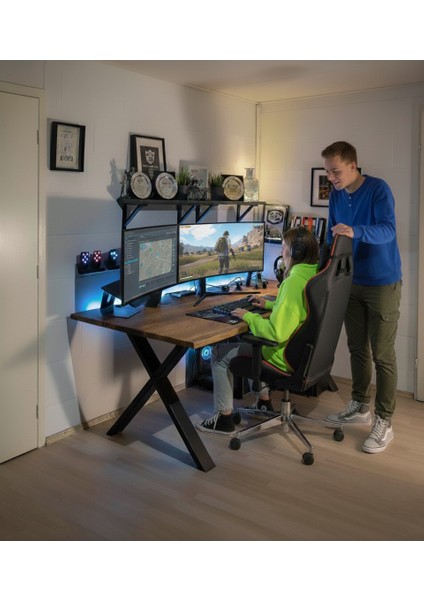 %100 Masif Ladin Ahşap X-Ayak 120X60 Oyuncu Çalışma Masası Ceviz Tonları