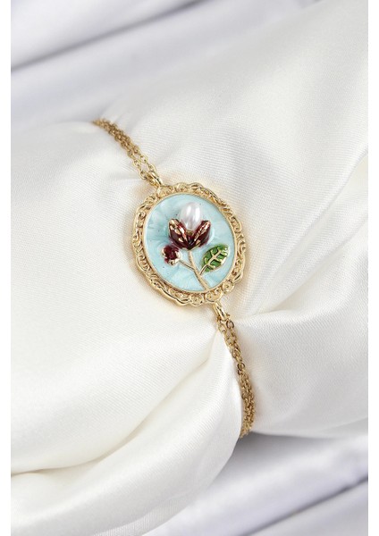316L Çelik Zincir Turkuaz Mineli Sanatsal Portre Inci Detaylı Lale Model Gold Renk Kadın Bileklik