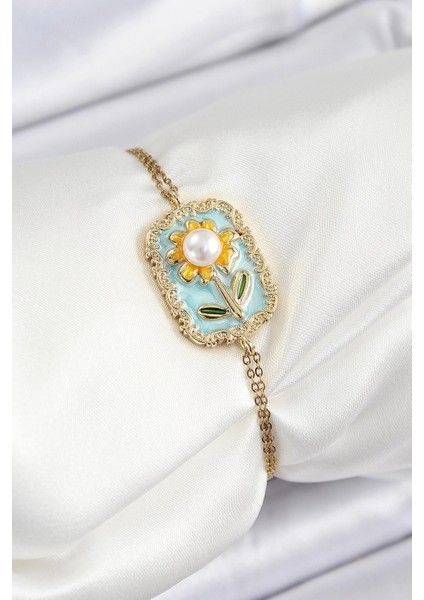 316L Çelik Zincir Turkuaz Mineli Sanatsal Portre Inci Detaylı Papatya Model Gold Renk Kadın Bileklik