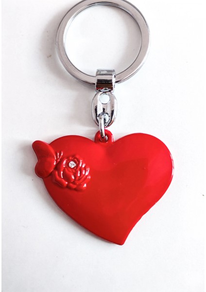 Üzeri Gül Figürü Kabartmalı Kırmızı Kalp Şeklinde 3 Boyutlu Metal Anahtarlık
