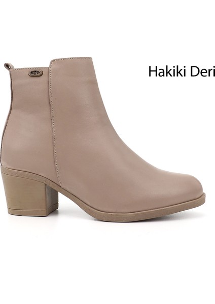 Kadın Bej Fermuarlı Kalın Topuklu Hakiki Deri Bot