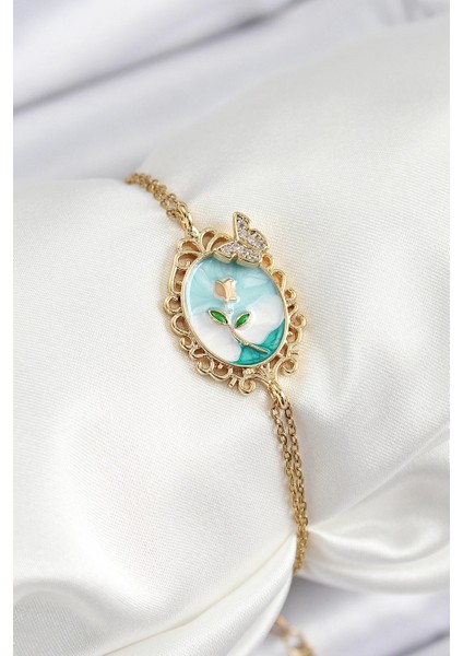 316L Çelik Zincir Mineli Sanatsal Portre Zirkon Taşlı Kelebek Detaylı Çiçek Model Gold Renk Kadın Bileklik