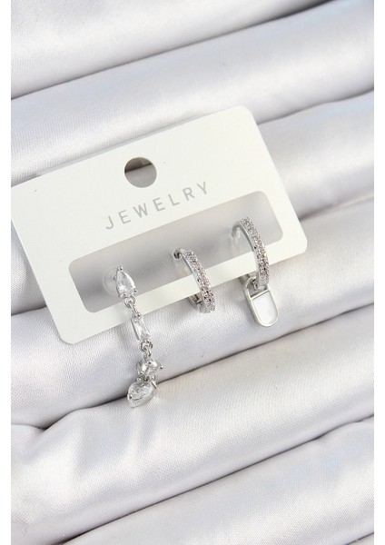 Pirinç Zirkon Taşlı Sallantılı Model Gümüş Renk 3'lü Çift Kadın Küpe Set