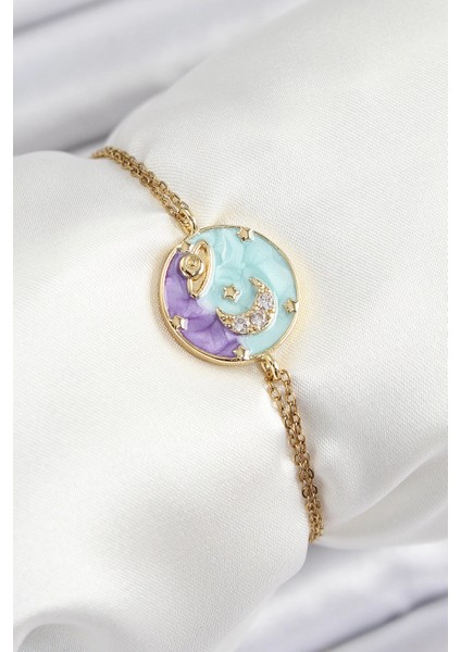 316L Çelik Zincir Mineli Sanatsal Portre Zirkon Taşlı Gezegen Model Gold Renk Kadın Bileklik